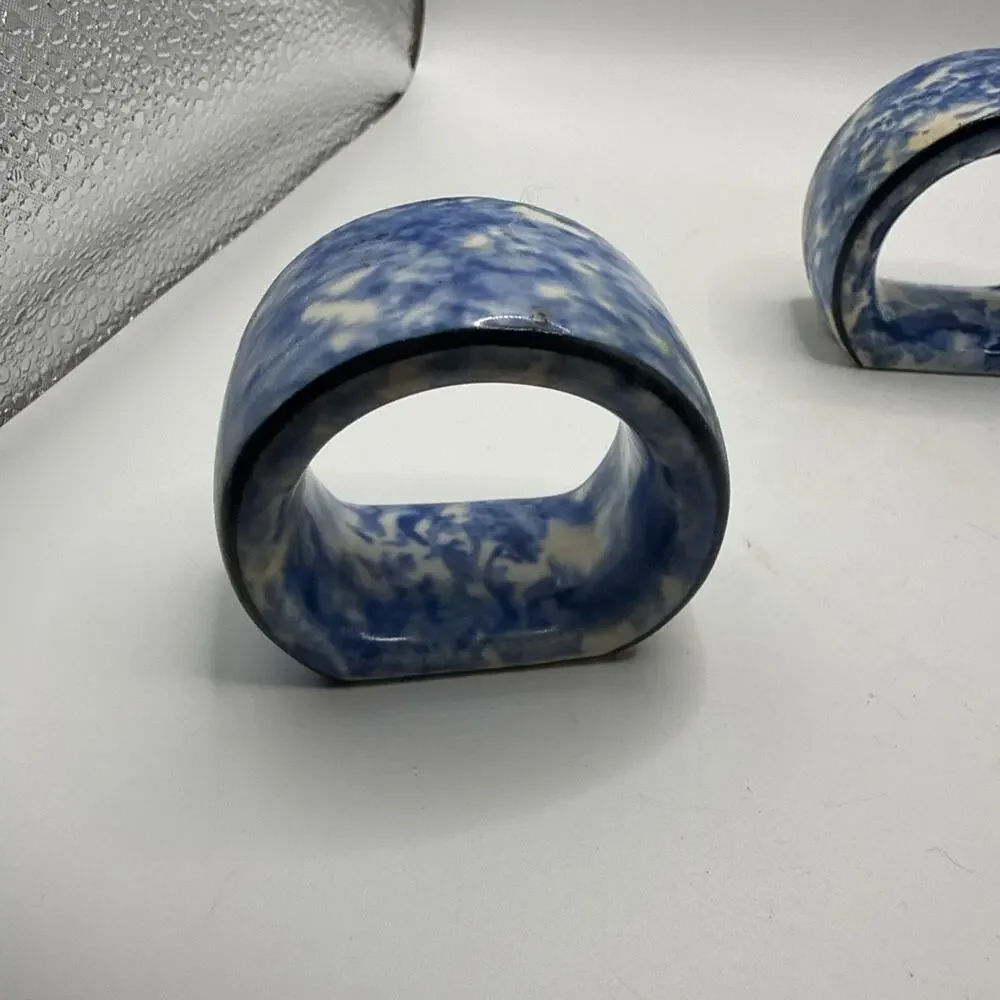 Vintage Knobler Blue Spongeware Ceramic Napkin Rings Set Of 3